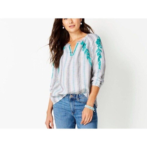 J. Jill Love Linen Blouse Top Sz Med PETITE Teal Tan Striped Embroidered Floral - Picture 1 of 9